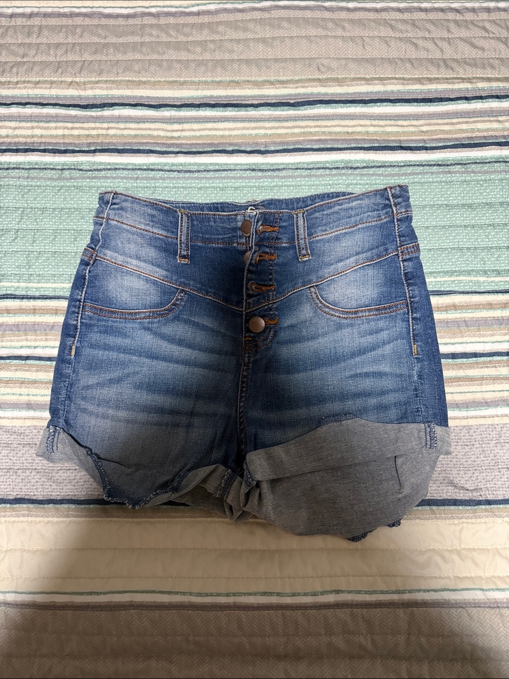 refuge Medium Blue Button-Fly Denim Jean Shorts